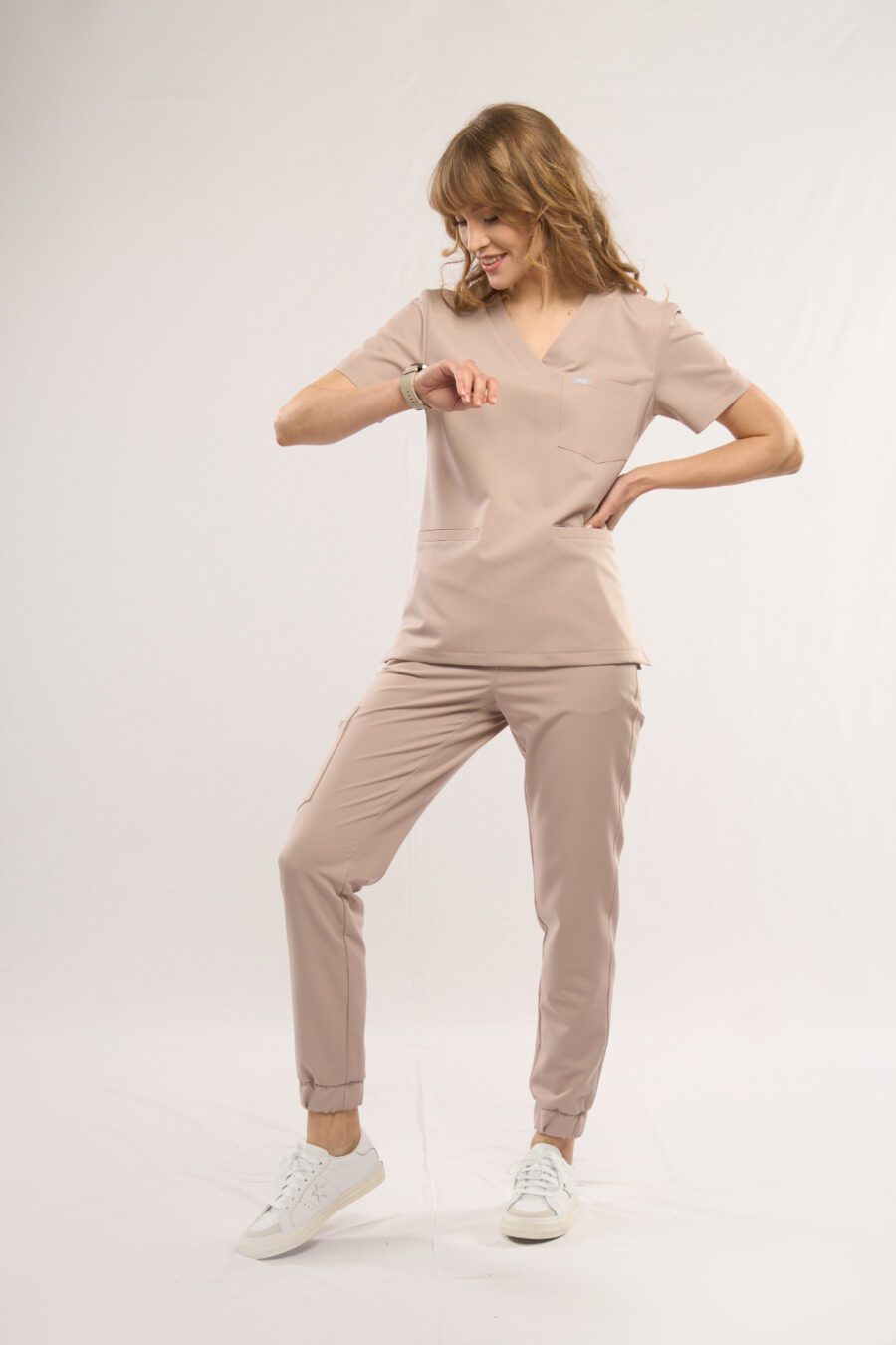 Styling with women's medical sweatshirt in sandy beige