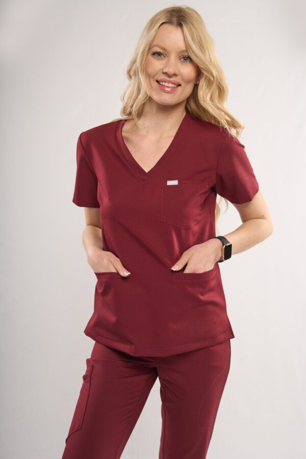 ladies' medical blouse in Dark Cherry - front